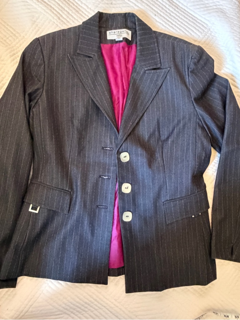 Sharagano Navy Pinstripe Blazer and pants set with Fuchsia Lining